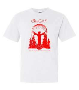 Abnegation "as the stone strikes the cedar" red on white